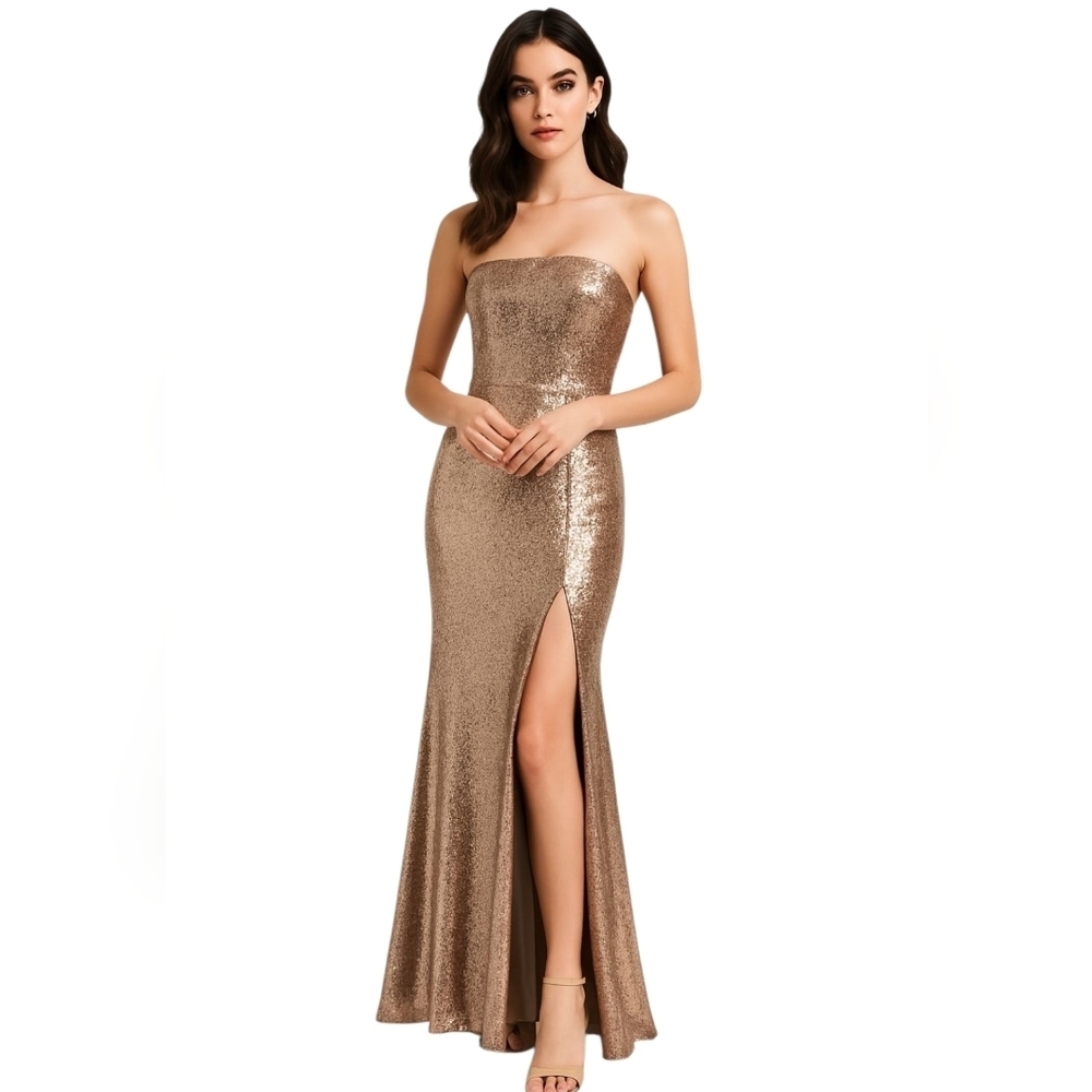 Dress the Population Ellen Bronze Sequin Gown Strapless Evening Cocktail Holiday